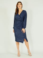 Yumi Blue Sequin Ruched Wrap Long Sleeve Dress - Image 1 of 5