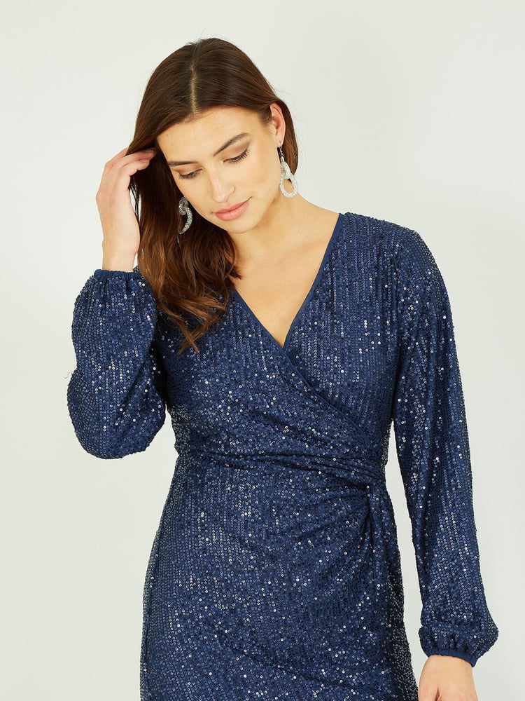Yumi Blue Sequin Ruched Wrap Long Sleeve Dress - Image 2 of 5