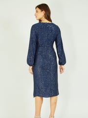 Yumi Blue Sequin Ruched Wrap Long Sleeve Dress - Image 3 of 5