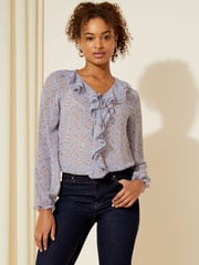 Friends Like These Purple Ditsy Floral Long Sleeve Tie Front Double Ruffle Blouse - Image 1 of 4