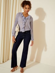 Friends Like These Purple Ditsy Floral Long Sleeve Tie Front Double Ruffle Blouse - Image 3 of 4