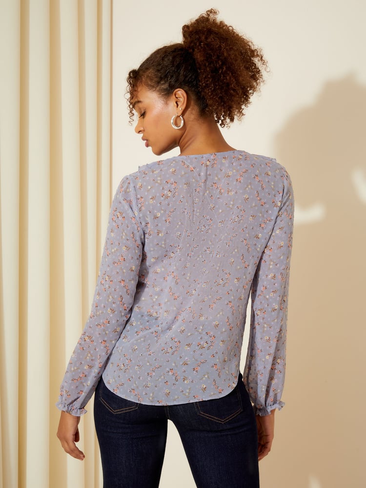 Friends Like These Purple Ditsy Floral Long Sleeve Tie Front Double Ruffle Blouse - Image 4 of 4
