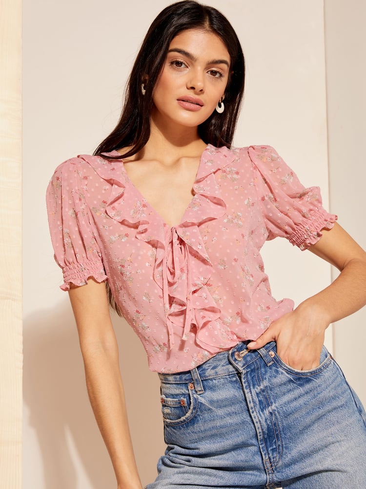 Friends Like These Pink Floral Ruffle Front Puff Sleeve Blouse - Image 1 of 4 Friends Like These Pink Floral Ruffle Front Puff Sleeve Blouse - Image 1 of 4