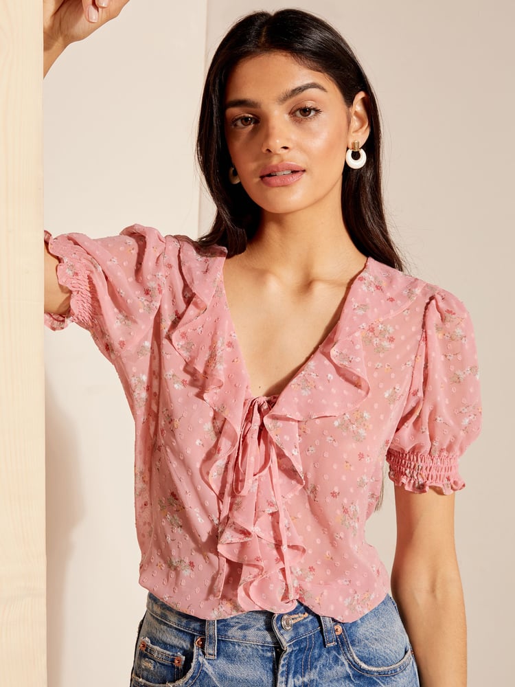 Friends Like These Pink Floral Ruffle Front Puff Sleeve Blouse - Image 2 of 4 Friends Like These Pink Floral Ruffle Front Puff Sleeve Blouse - Image 2 of 4