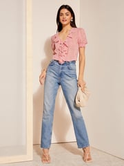 Friends Like These Pink Floral Ruffle Front Puff Sleeve Blouse - Image 3 of 4