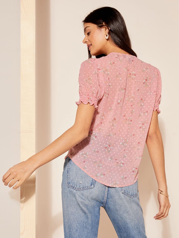 Friends Like These Pink Floral Ruffle Front Puff Sleeve Blouse - Image 4 of 4 Friends Like These Pink Floral Ruffle Front Puff Sleeve Blouse - Image 4 of 4