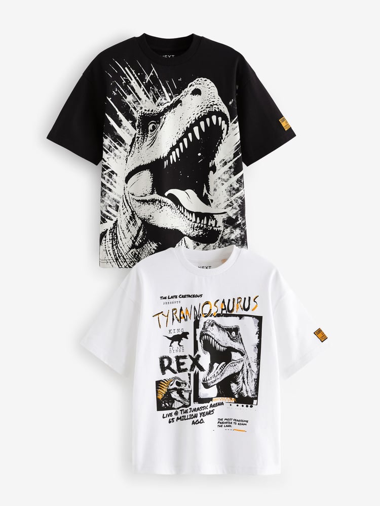 Black/White Dinosaur Graphic Short Sleeve 100% Cotton T-Shirts 2 Pack (3-16yrs) - Image 1 of 5
