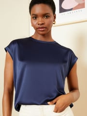 Love & Roses Navy Blue Satin Front Jersey Back T-Shirt - Image 1 of 1