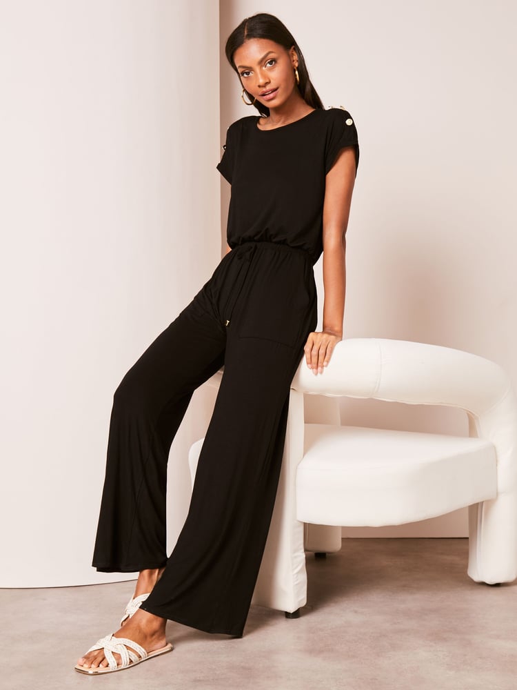 Lipsy Black Petite Miltary Button Shorts Sleeve Jersey Jumpsuit - Image 1 of 4