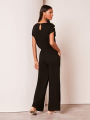 Lipsy Black Petite Miltary Button Shorts Sleeve Jersey Jumpsuit - Image 2 of 4