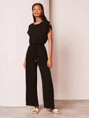 Lipsy Black Petite Miltary Button Shorts Sleeve Jersey Jumpsuit - Image 3 of 4