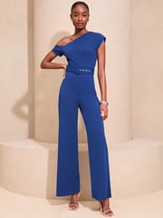 Lipsy Blue Belted One Shoulder Bardot Wide Leg Jumpsuit - Image 1 of 4