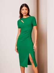 Lipsy Green Petite Cut Out Ruched Shortss Sleeve Bodycon Dress - Image 1 of 4