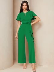 Lipsy Green Petite Flutter Sleeve Tie Side Wide Leg Jumpsuit - Image 1 of 4