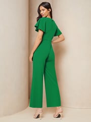 Lipsy Green Petite Flutter Sleeve Tie Side Wide Leg Jumpsuit - Image 2 of 4