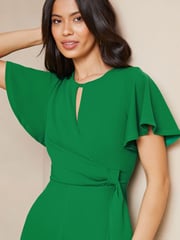 Lipsy Green Petite Flutter Sleeve Tie Side Wide Leg Jumpsuit - Image 4 of 4