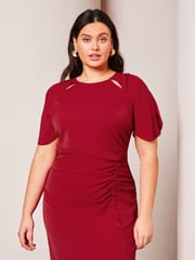 Lipsy Red Curve Ruched Button Front Sleeved Midi Dress - Image 3 of 4