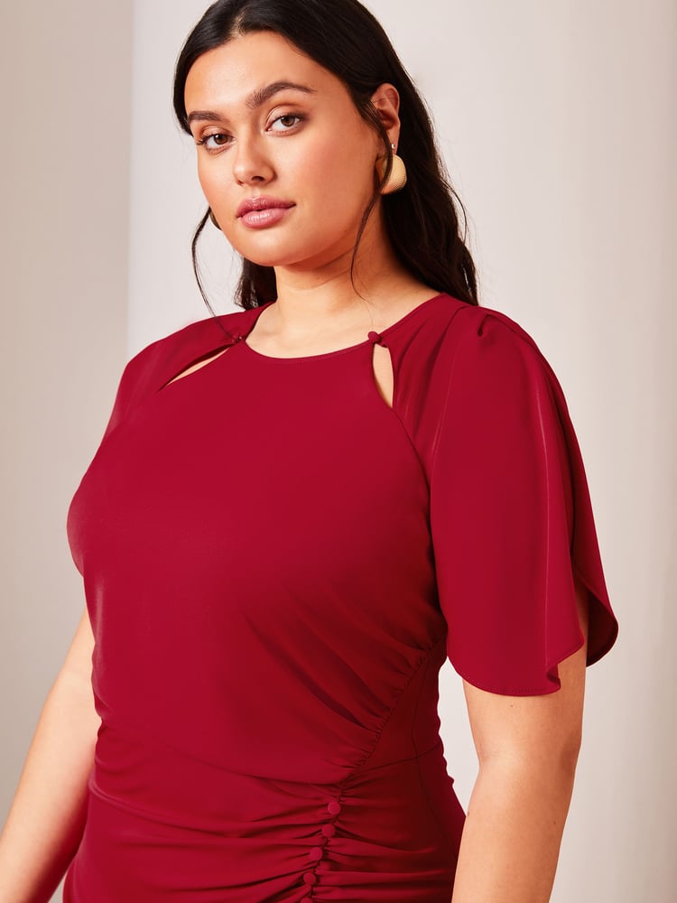 Lipsy Red Curve Ruched Button Front Sleeved Midi Dress - Image 4 of 4 Lipsy Red Curve Ruched Button Front Sleeved Midi Dress - Image 4 of 4