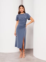 Lipsy Blue Ruched Button Front Sleeved Midi Dress - Image 1 of 4