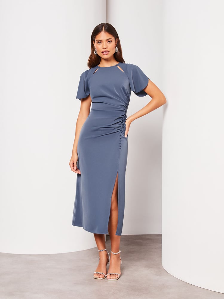 Lipsy Blue Ruched Button Front Sleeved Midi Dress - Image 1 of 4