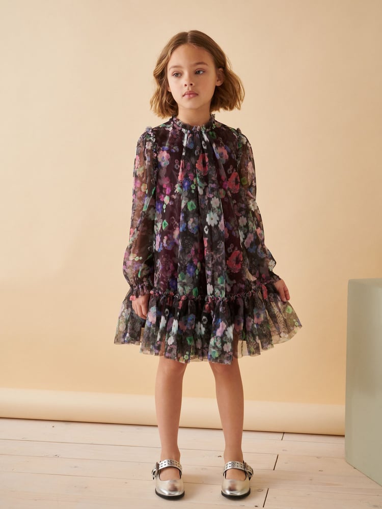 Black Floral Mesh Long Sleeve Dress (3-16yrs) - Image 1 of 4
