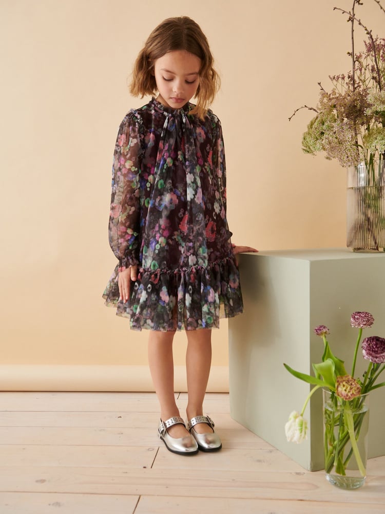 Black Floral Mesh Long Sleeve Dress (3-16yrs) - Image 2 of 4