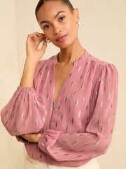 Love & Roses Pink Metallic Zip Front Mix Sheer Long Sleeve Blouse - Image 1 of 4