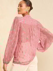 Love & Roses Pink Metallic Zip Front Mix Sheer Long Sleeve Blouse - Image 3 of 4