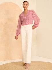Love & Roses Pink Metallic Zip Front Mix Sheer Long Sleeve Blouse - Image 4 of 4