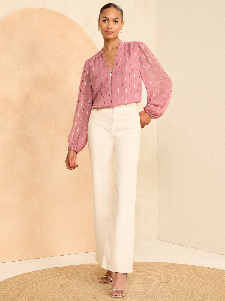 Love & Roses Pink Metallic Zip Front Mix Sheer Long Sleeve Blouse - Image 4 of 4