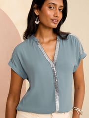 Love & Roses Blue Sequin V Neck Roll Sleeve Blouse - Image 1 of 4