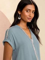 Love & Roses Blue Sequin V Neck Roll Sleeve Blouse - Image 2 of 4