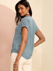 Love & Roses Blue Sequin V Neck Roll Sleeve Blouse - Image 3 of 4