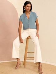 Love & Roses Blue Sequin V Neck Roll Sleeve Blouse - Image 4 of 4