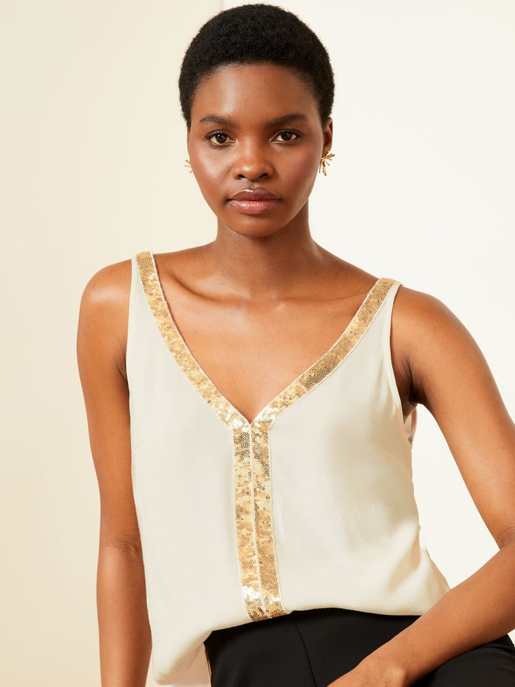 Love & Roses Ivory White Sequin Trim V Neck Vest Top - Image 1 of 4