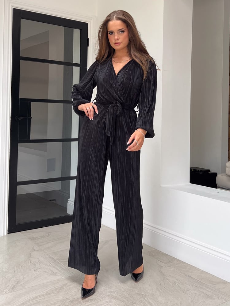 Girl In Mind Black Jennie Plisse Long Sleeves Wrap Jumpsuit - Image 1 of 4