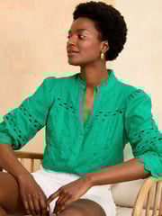 Love & Roses Green V Neck Ric Rac Trim Blouse - Image 1 of 4