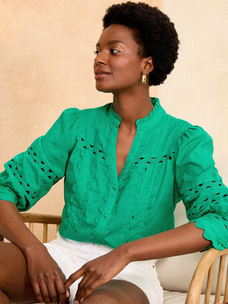 Love & Roses Green V Neck Ric Rac Trim Blouse - Image 1 of 4