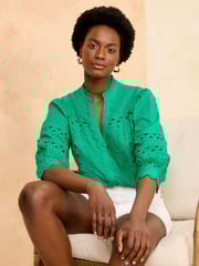 Love & Roses Green V Neck Ric Rac Trim Blouse - Image 2 of 4