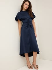 Navy Ruched Satin Crinkle Dress - Image 1 of 3