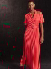 Red Pleated Short Sleeve Dress - Image 1 of 6
