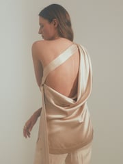 Reiss Blush Etta Atelier One-Shoulder Drape Back Top With Linen - Image 1 of 5