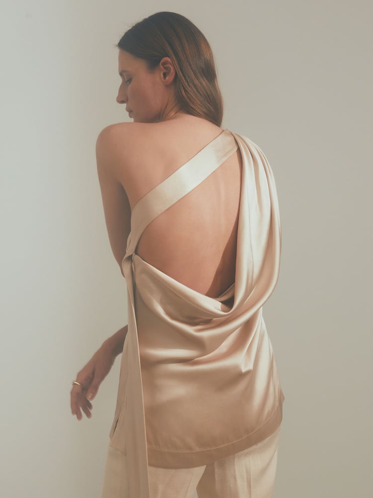 Reiss Blush Etta Atelier One-Shoulder Drape Back Top With Linen - Image 1 of 5
