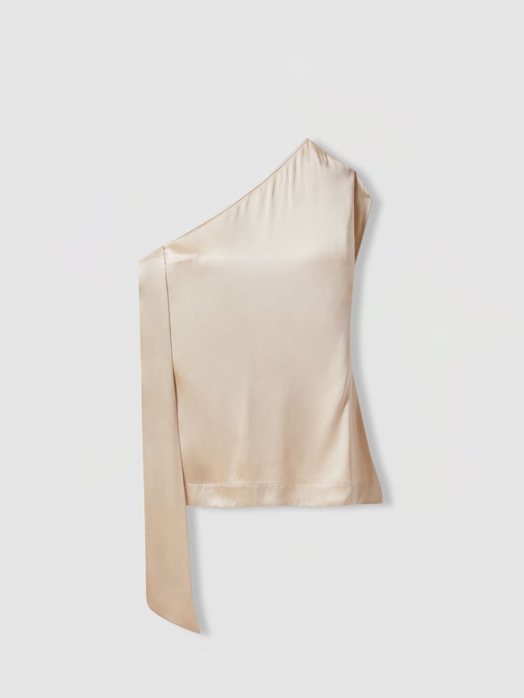 Reiss Blush Etta Atelier One-Shoulder Drape Back Top With Linen - Image 2 of 5