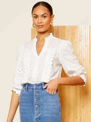 Love & Roses White V Neck Ric Rac Trim Blouse - Image 1 of 4