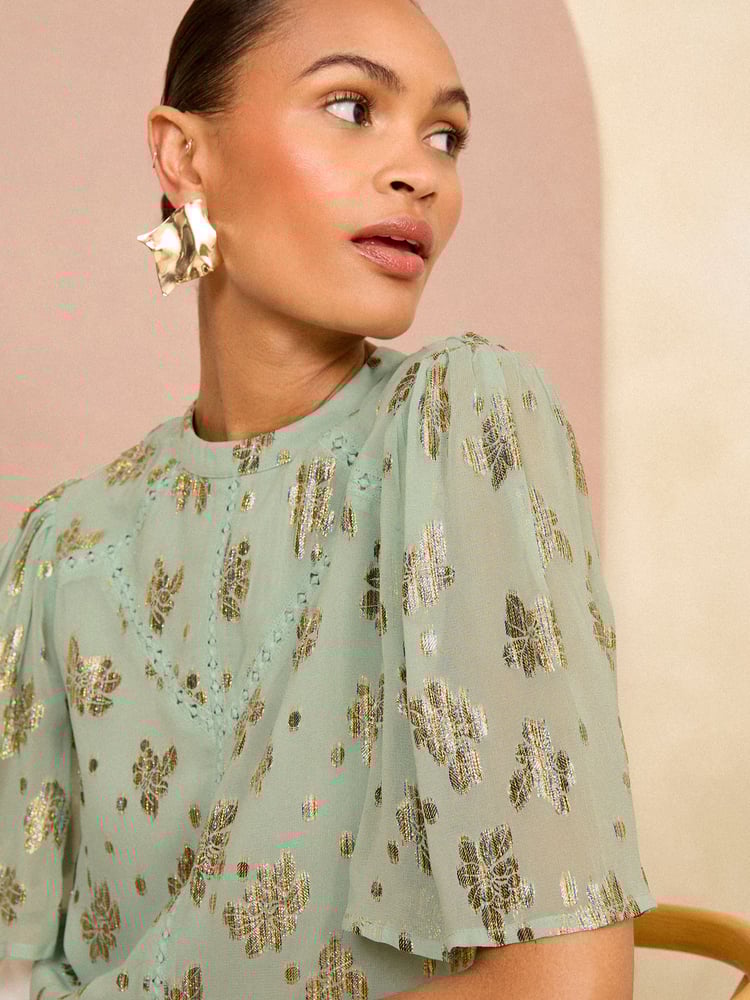Love & Roses Green Metallic High Neck Flutter Sleeves Top - Image 2 of 4 Love & Roses Green Metallic High Neck Flutter Sleeves Top - Image 2 of 4