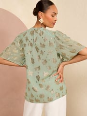 Love & Roses Green Metallic High Neck Flutter Sleeves Top - Image 3 of 4