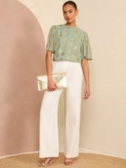 Love & Roses Green Metallic High Neck Flutter Sleeves Top - Image 4 of 4