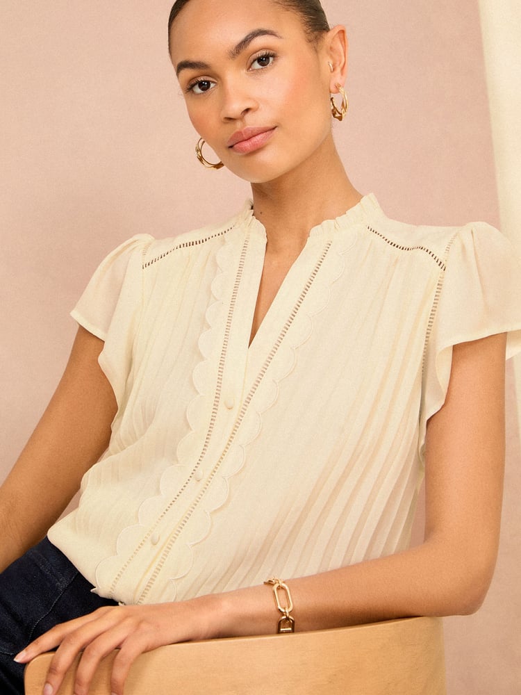 Love & Roses Ivory White Scallop Detail Flutter Sleeve Pleated Top - Image 1 of 4 Love & Roses Ivory White Scallop Detail Flutter Sleeve Pleated Top - Image 1 of 4