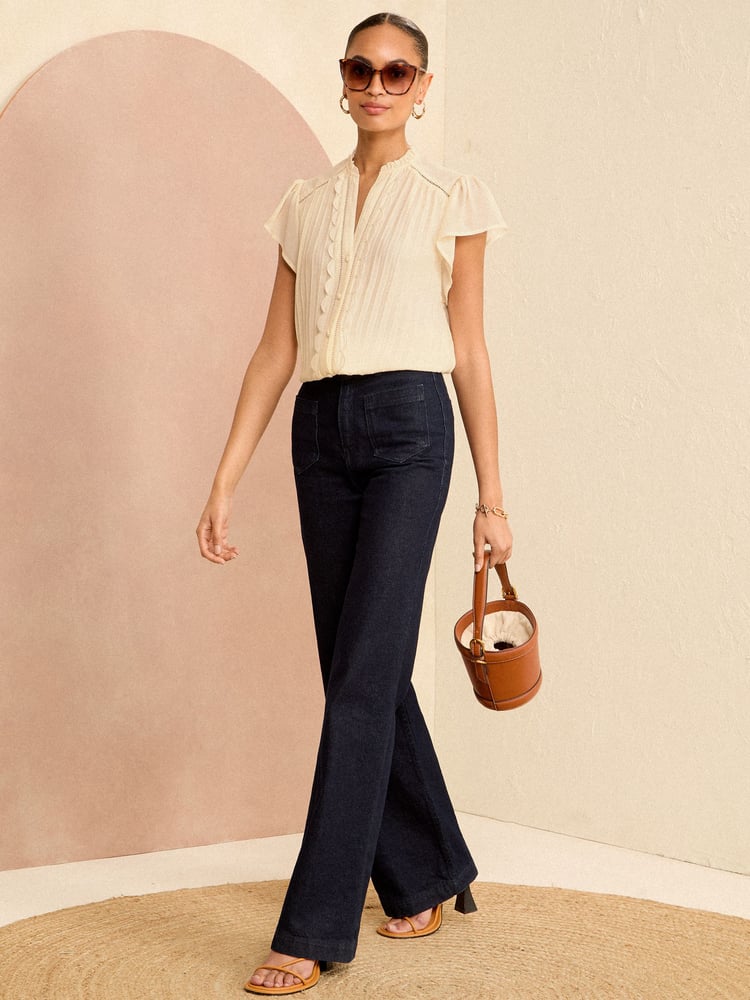Love & Roses Ivory White Scallop Detail Flutter Sleeve Pleated Top - Image 4 of 4 Love & Roses Ivory White Scallop Detail Flutter Sleeve Pleated Top - Image 4 of 4